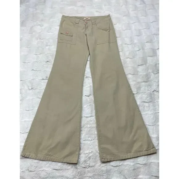🔥Vintage Y2K Forever 21 Made in USA Low Rise Flare Wide Leg Khaki Pants Women M - Picture 2 of 16